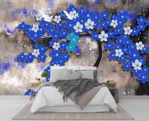 3d Mavi Çiçek Duvar Kağıdı